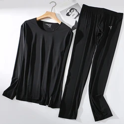 Fashion 2pc Men's Thin Thermal Long Johns Set Solid Color Ice Silk Long Sleeve Top Bottom Sleepwear Underwear Clothing Set