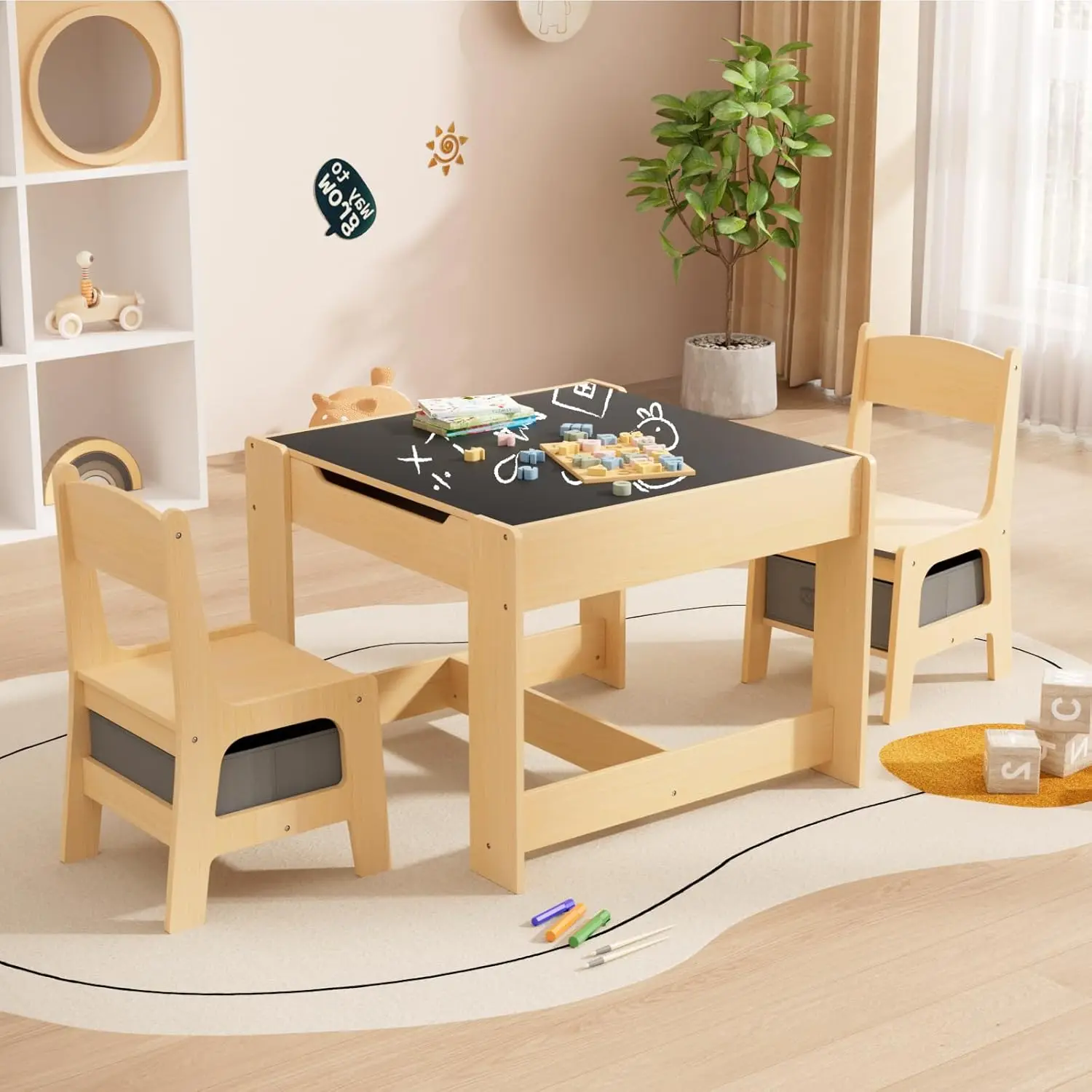 

Table and Chair Set, 4 in 1 Kids Desk and Chair Set, Multifunctional Study Desk, Toy Table, Dining Table, with Storage