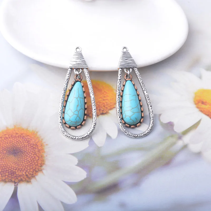 10 Stück Böhmischer Stil Antik Silberfarbene Emaille Acryl Lange Anhänger Metall-Blumen-Ohrringe Anhänger Zubehör DIY Damenschmuck – Detail 6