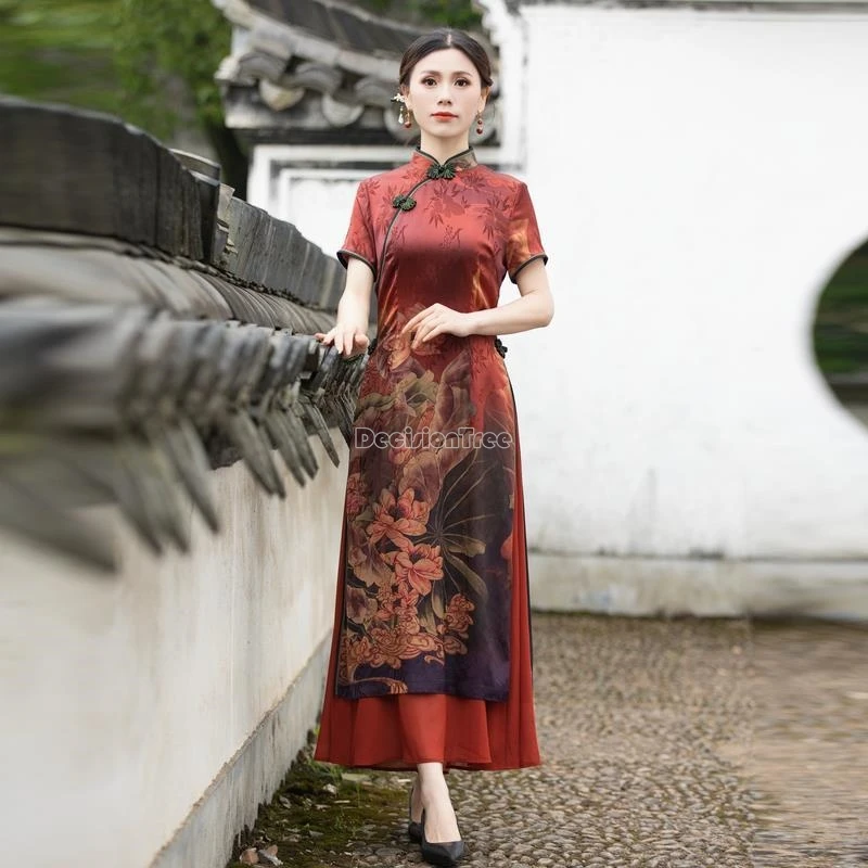 

2024 aodai qipao summer new chinese style fashionable waist cinching slim dress classical dignified temperament printing garment