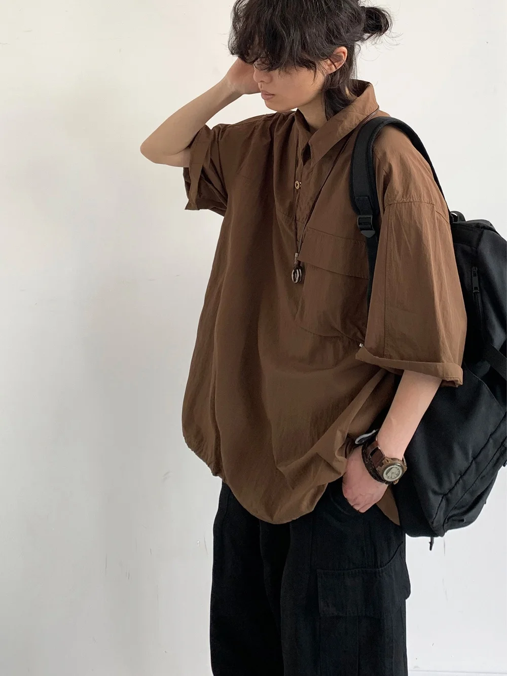

Loose Fit ort Sve Workwear irt ex Japanese Retro Sle y Top for Youth Summer Faion Square Collar Sol...