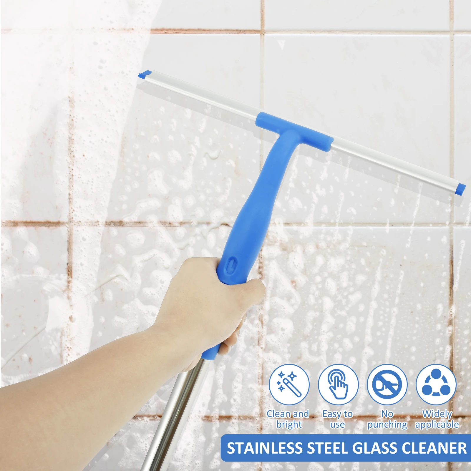 3 in 1 Glass Brush Windows Cleaner Squeegee with 53in Long Hand Professional Household Window Water Stain Cleaning Tool for Bath