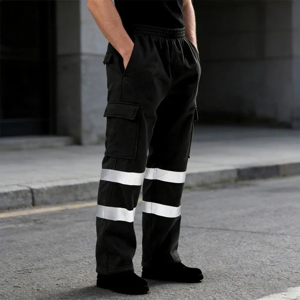 Plus Size Men Work Pants Elastic Waist High-Visibility Double-Layer Reflective Strips Safety Pants Heavy-duty Workwear
