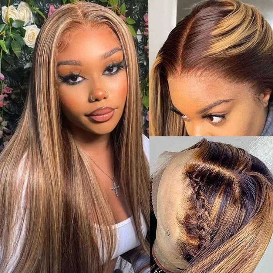 13x4 resalta el cabello humano recto de las pelucas del frente del cordón de Ombre pre desplumado # 4/27 Color rubio miel brasileño para mujer