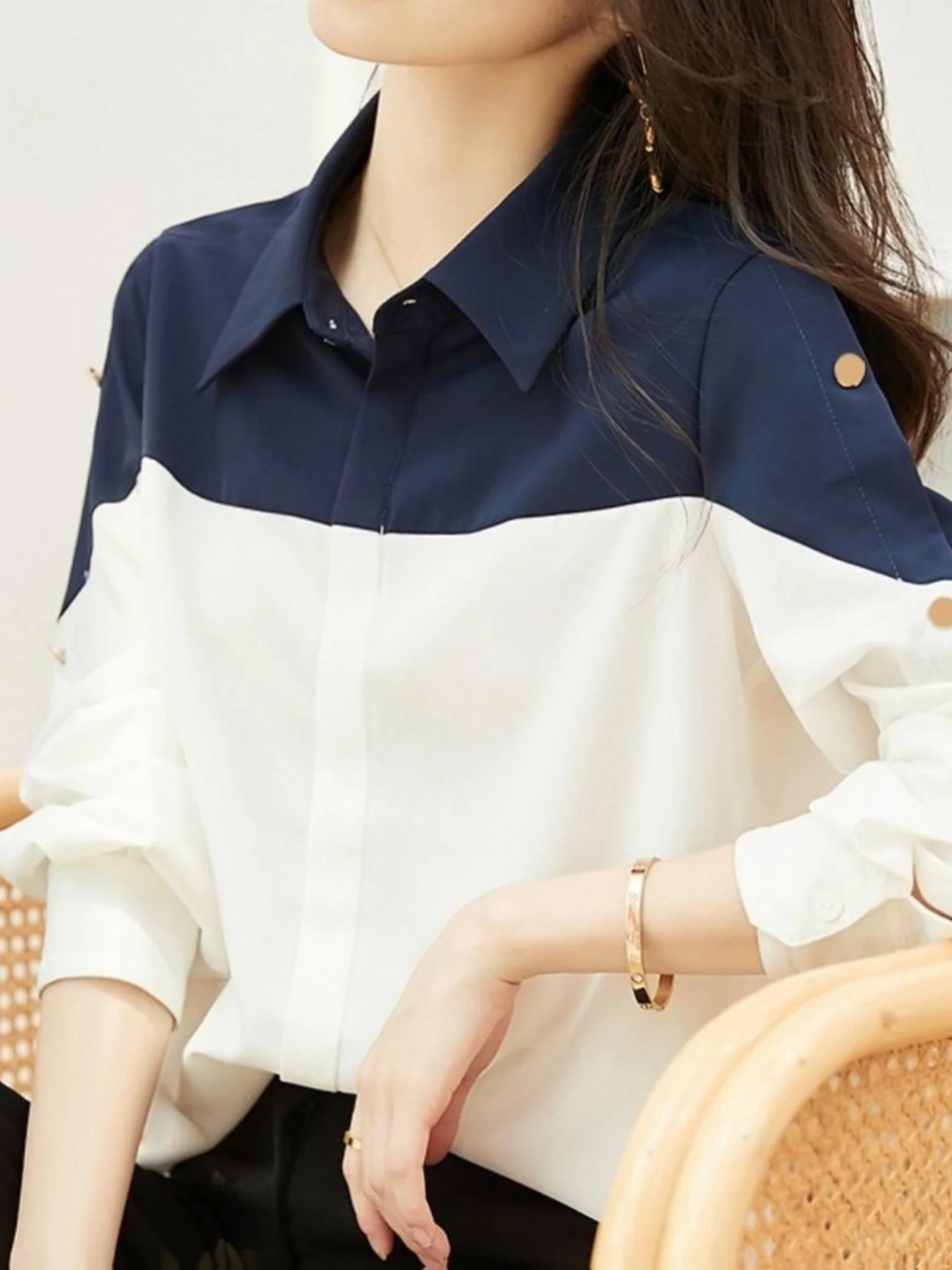 

Early spring new style contrasting color, simple and comfortable, versatile and slimming, long-sleeved chiffon shirt with patchw