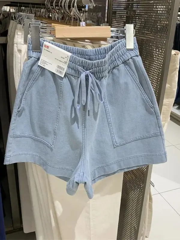 

Summer 2025 Washed Cotton Denim Short Pants Elastic Waist Tied Loose Short Knitted Casual Trousers High Waist Wide Leg Pants