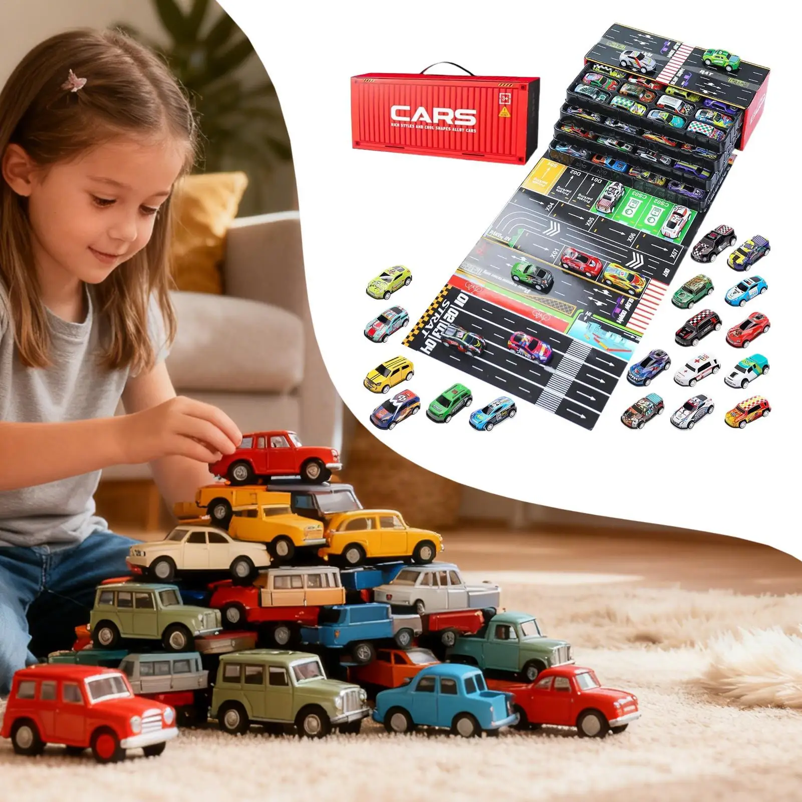 Coches extraíbles, 48 piezas, vehículo pequeño con garaje incorporado, coches de juguete fundidos a presión para niños, Navidad, cumpleaños, viajes, fiesta en el aula