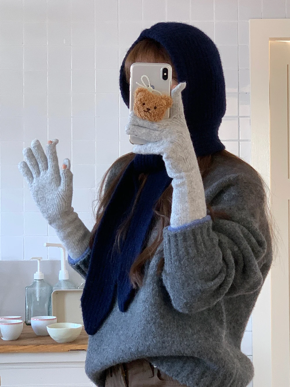 Gestrickte Mütze aus Wollmischung für Männer und Frauen, Balaclava, warme Wintermütze, Unisex-Mütze mit Kapuze, Halskragen, Schal, Mütze, Ski-Mütze, kalte Mützen – Detail 8