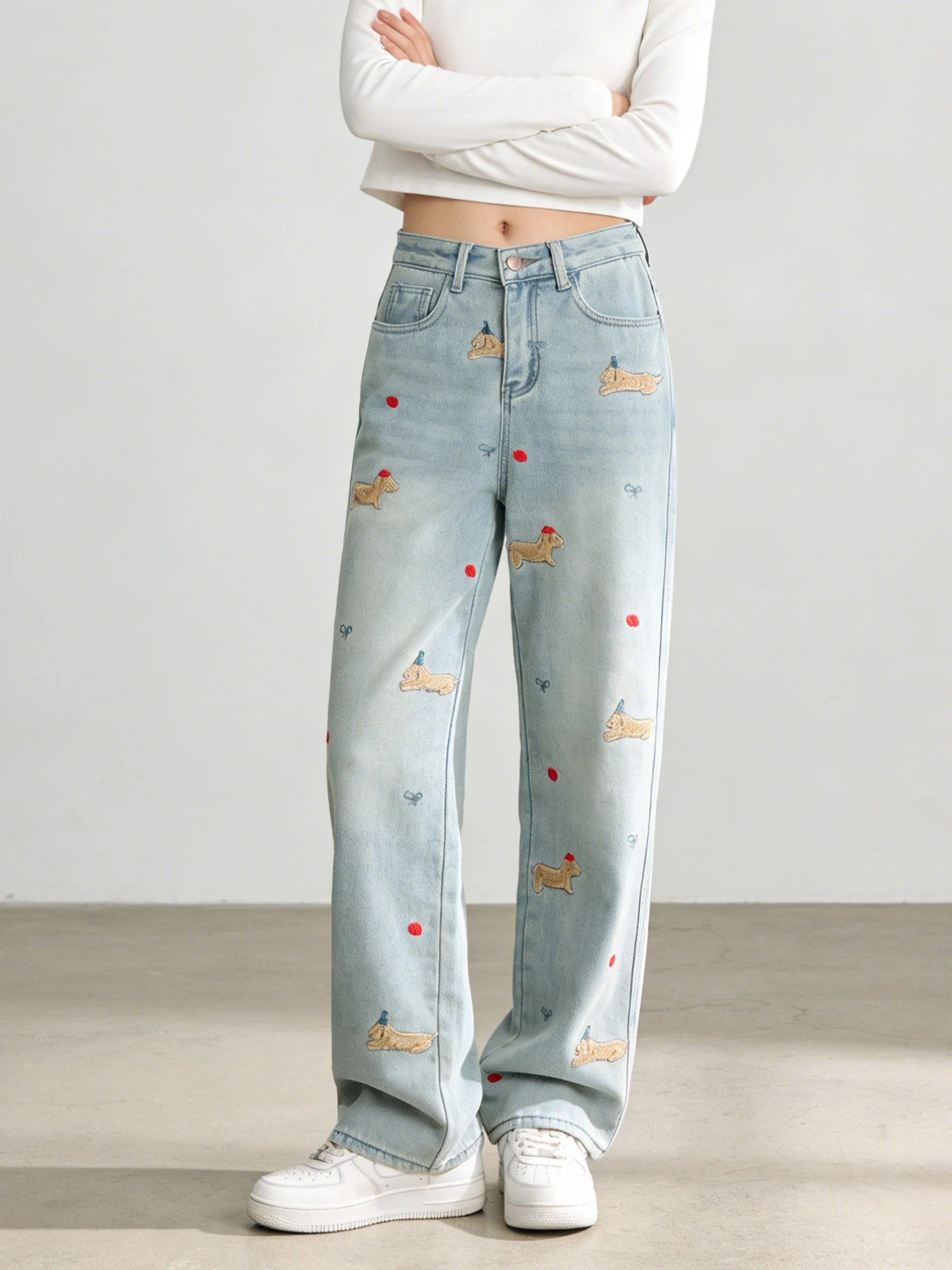 

Retro Cartoon Embroidered Wide Leg High Waist Denim Jeans Women's Loose Floor-Length Pants Spring 2026 plus Size Casual Cotton