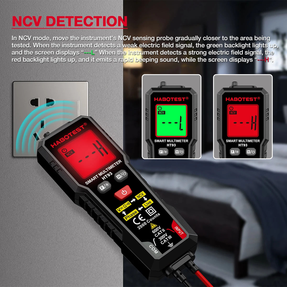 HABOTEST HT93 Digital Multimeter Voltage Tester 2000 Counts 600V AC/DC Volt Meter NCV Phase Sequence Auto Ranging Multimetre