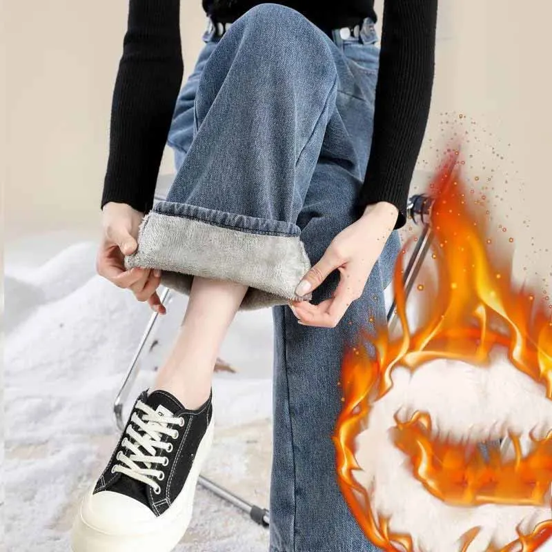 Winter Velvet Wide Leg Jeans Loose Warm Straight Mom Denim Trousers Female Streetwear 2022 Thicken Velvet Baggy Jeans