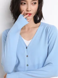 JVEII Women Wool Cardigans V-neck Sweater Solid Casual Warm Outerwear Knitwear Tops 2024 Autumn Winter Women Clothing