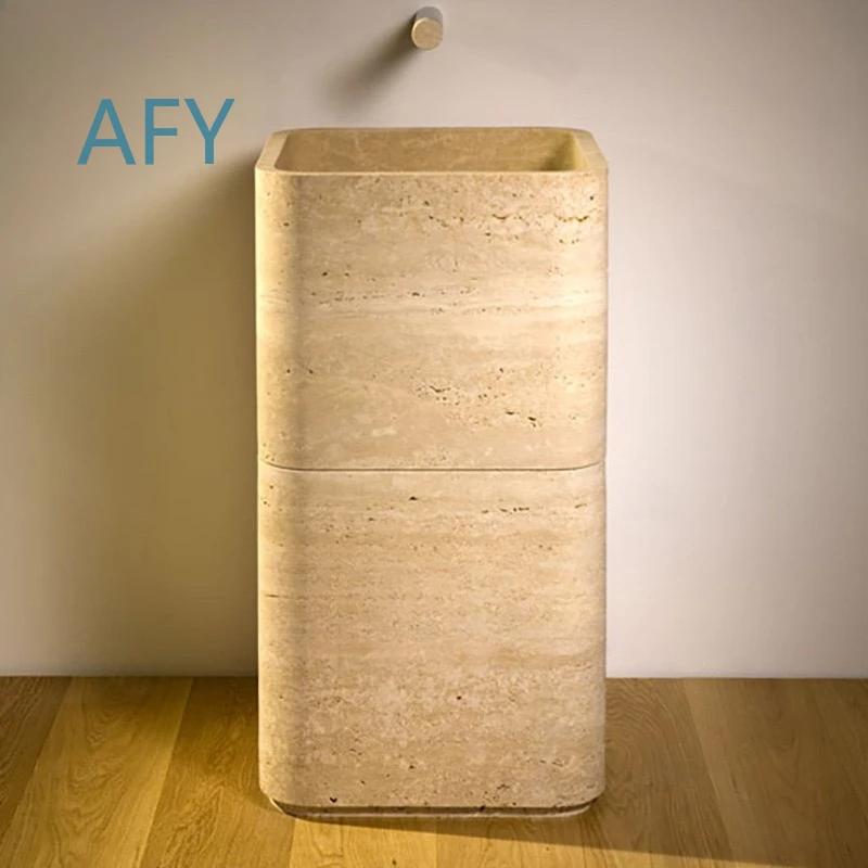 Handheld Collapsible Square Natural Stone Travertine Freestanding Base Sink Marble Basin for Bathroom Vanity for Modern Home