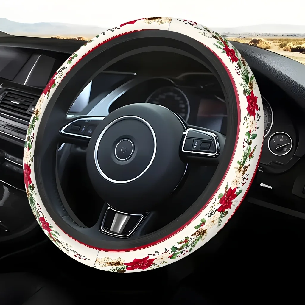 1pc Christmas Red Flower and Pinecone Themed 2D Printed Pattern Car Steering Wheel Cover, Soft and Breathable to the Touch