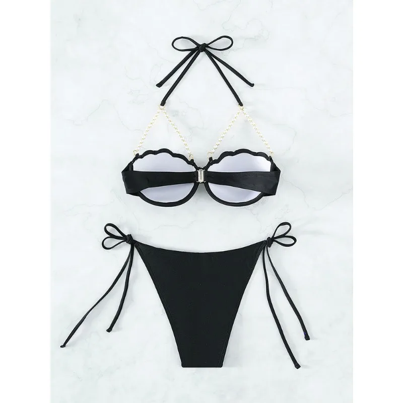 2026 セクシーなシェル型アンダーワイヤービキニ、タイサイドソングビキニ水着、女性用ブラックパールストラッププッシュアップ水着