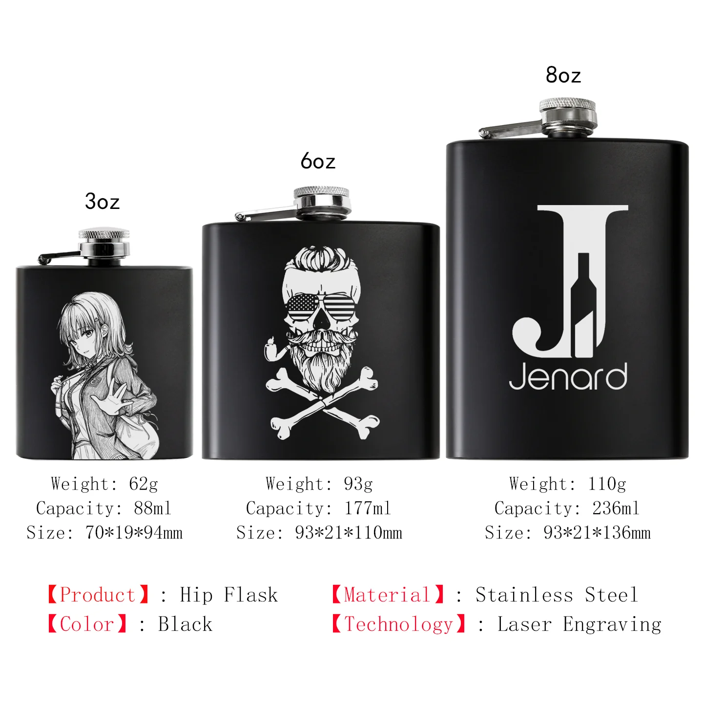 3 6 8oz Stainless Steel Hip Flask Custom Logo Photo Text Signature Engraving Portable Outdoor Alcohol Bottle Men Birthday Gift
