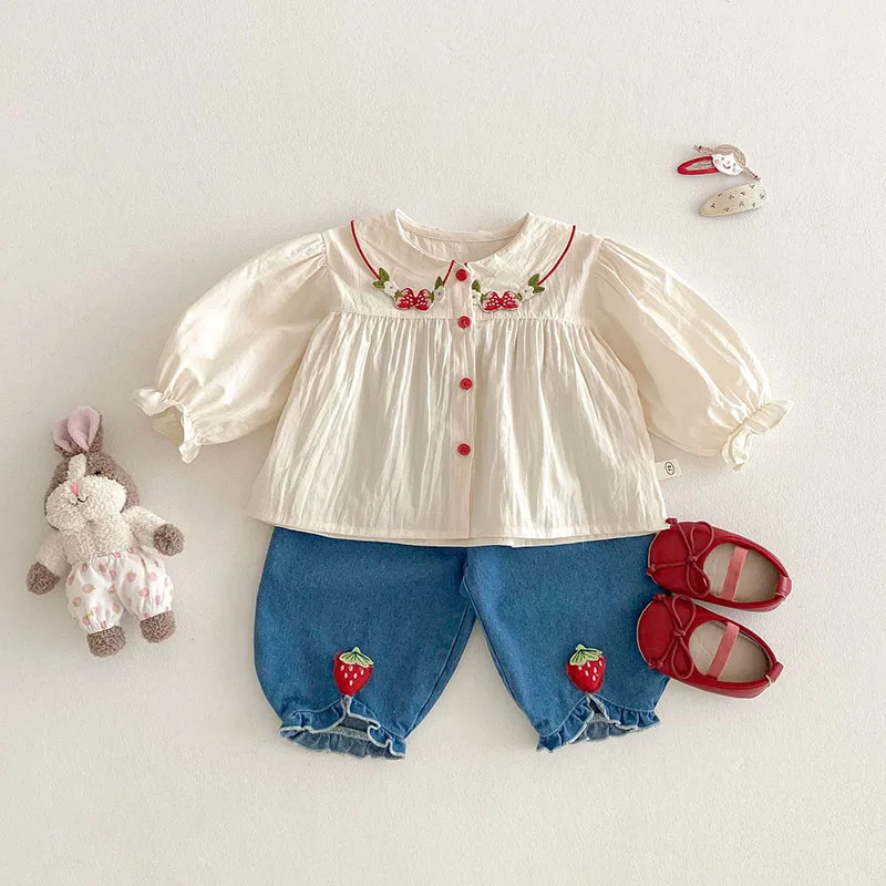 FINEPAT Spring Girls Clothes Set Kids Girls Clothes Set Shirt Jeans Strawberry Print Spring Cute Korean Fashion Casual Outwear