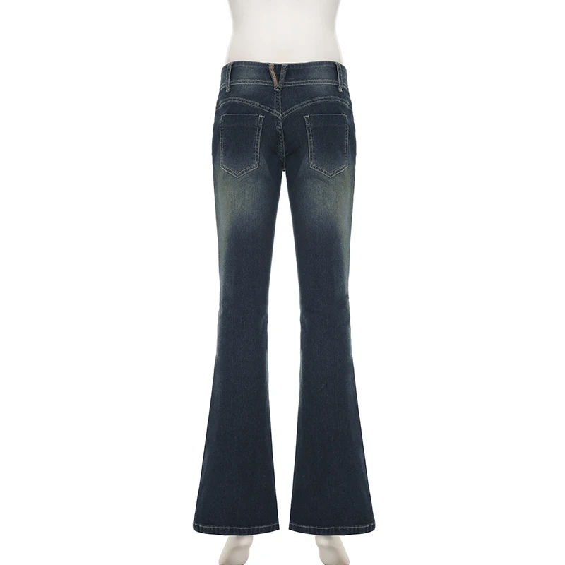 Damskie spodnie jeansowe w stylu vintage Y2k, rozszerzane, zapinane na guziki, z niskim stanem, codzienne spodnie dżinsowe Harajuku z lat 2000, podstawowe spodnie estetyczne.