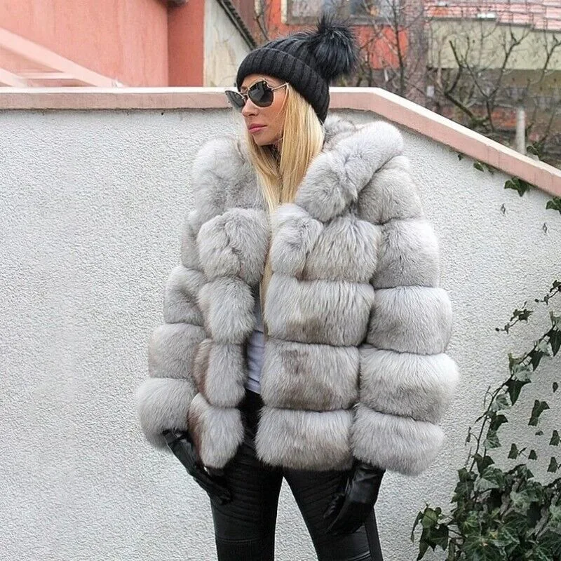 Women's Real Fox Fur Coat Natural Genuine Hood Winter Thick Outwear Trend Fashionable Women's Clothing