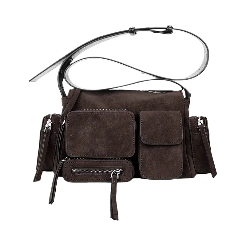 

Women Retro Suede Frosted Motorcycle Bag Multiple Pocket High Quality Leather Handbag Wide Strap Shoulder Bag