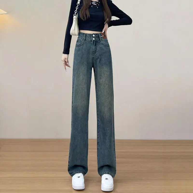 

Двубортные джинсы с высокой талией в стиле ретро, свободные прямые джинсы, женские осенне-зимние длинные брюки, утягивающие широкие джинсы