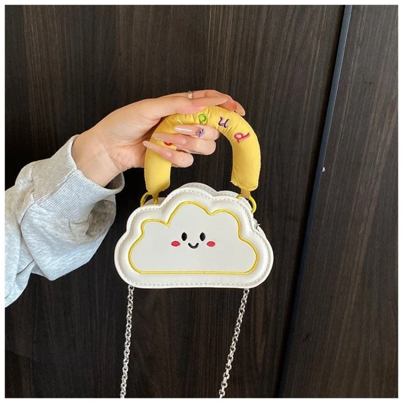 White Black Yellow Pink Blue Cute Cloud Shape Smiley Face Mini Crossbody Bag Padded Handle Chain Strap PU Leather Purse Girls