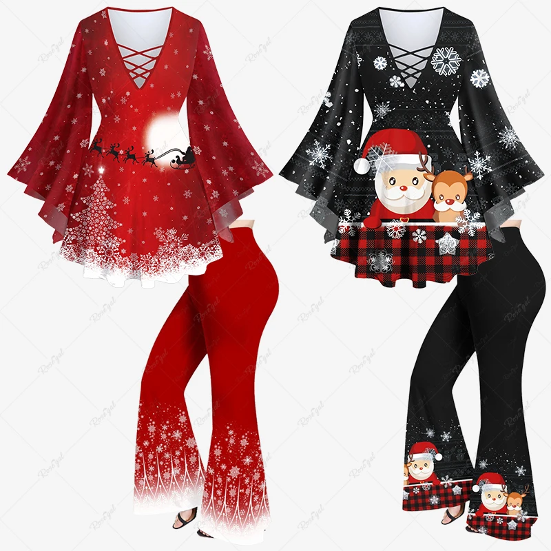 XS-6X Women\'s Matching Set Lattice T-shirt And Flare Pants Christmas Tree Santa Claus Elk Snowflake Moon Glitter 3D Print Suit