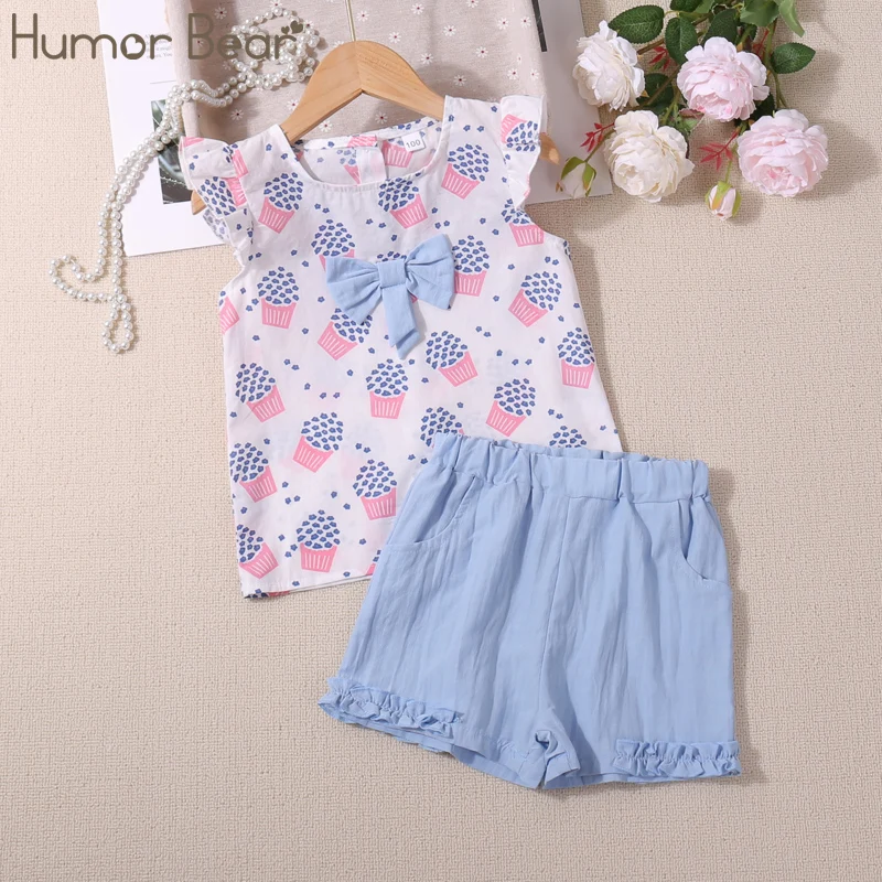 Humor Bear Girls\' Summer Korean Shorts Cartoon Ice Cream Bow Tank Top Cute Set Vestidos Casual Outfit 2-6Y