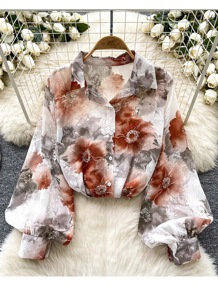 

Spring Summer Office Lady Versatile Casual Chiffon Shirt for Women New Loose Thin Printed Long Sleeved Shirt Tops Female C245