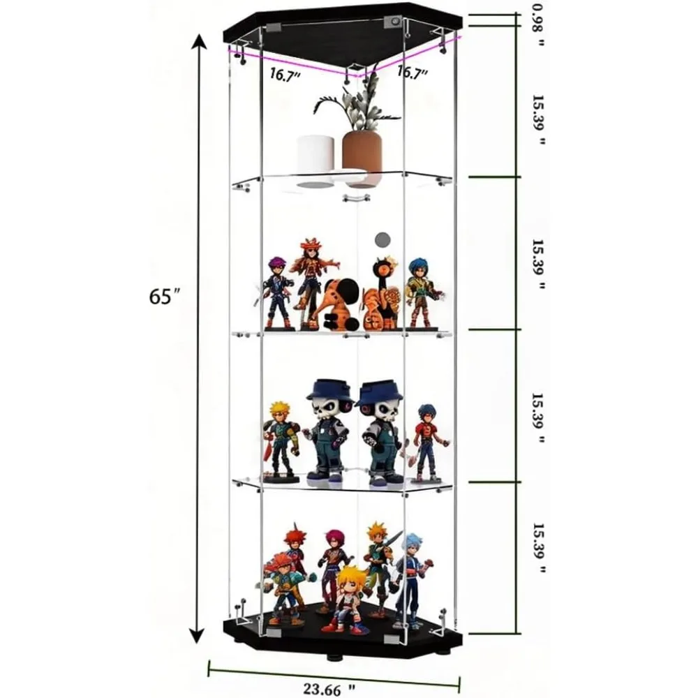 65 Inch Corner Glass Display Cabinet with 13 Colors Lights 4 Tier Curio Cabinet with Lock for Collectibles Home Decor Black