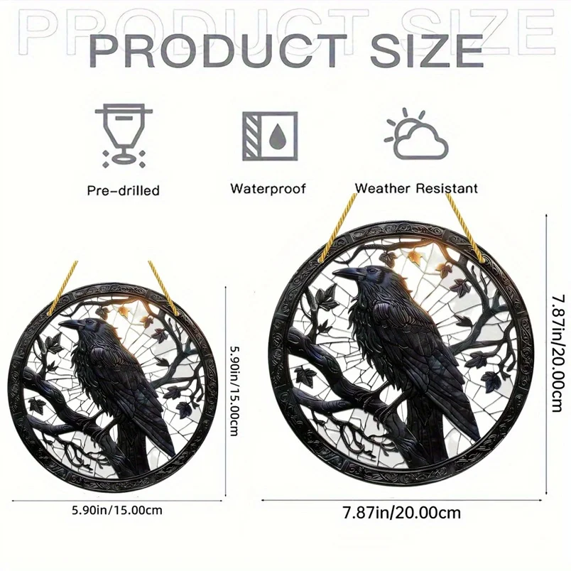 Black Crow Window Hanging Suncatcher,Translucent Round Acrylic Sign, Wreath Center,Porch Garden Home Courtyard Office Decoration