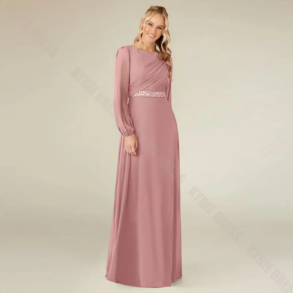 Customized Mother of The Bride Dresses Full Sleeves Scoop Neck Crystal A Line Chiffon Wedding Guest Gown Formal Evening Dresses