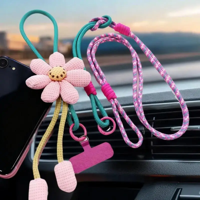 1PC Polyester Phone Lanyard Cartoon Flower Pendant Crossbody Wrist Strap Anti-Drop Universal Rope Keychain Accessories view 2