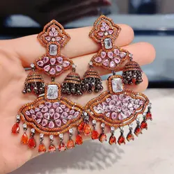 Bilincolor Cubic Zirconia Big Orange Tassel Earring for Women Wedding