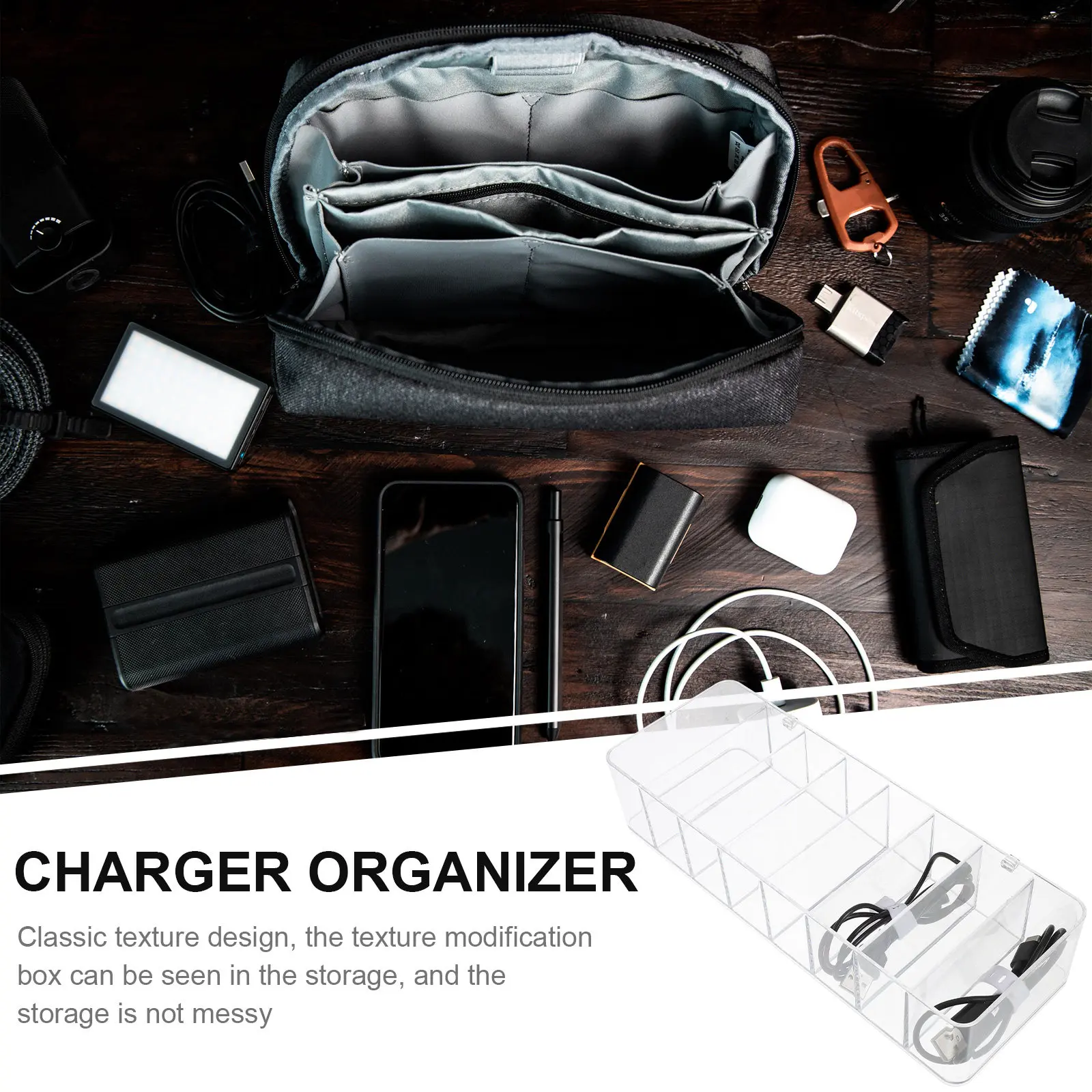 1Set High Transparency Cable Storage Box with Cable Ties Classic Texture Design for Desktop Electronics Organizer Bin Charger