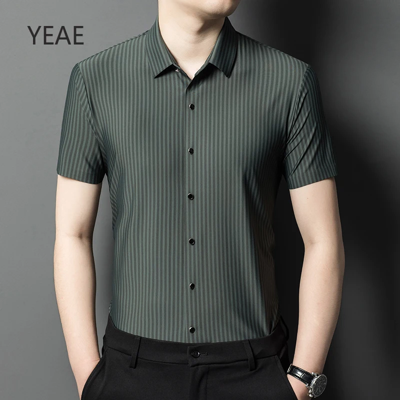 

YEAE Summer 2025 New Business Casual High Quality Seamless Striped Designer Short Sleeve Shirt Breathable Quick Dry Lapel Top