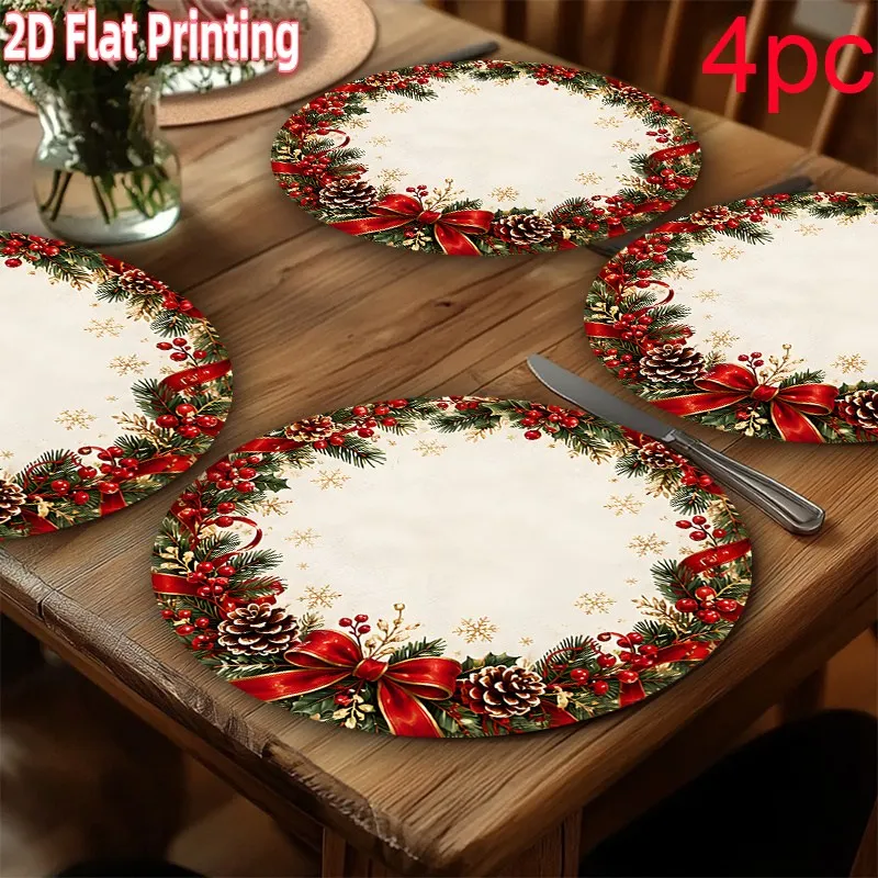 VIKAMA Linen Oval Placemats, Holly Berry Pinecone Bow, Washable Stain Resistant Easy Clean, Christmas Table Decor