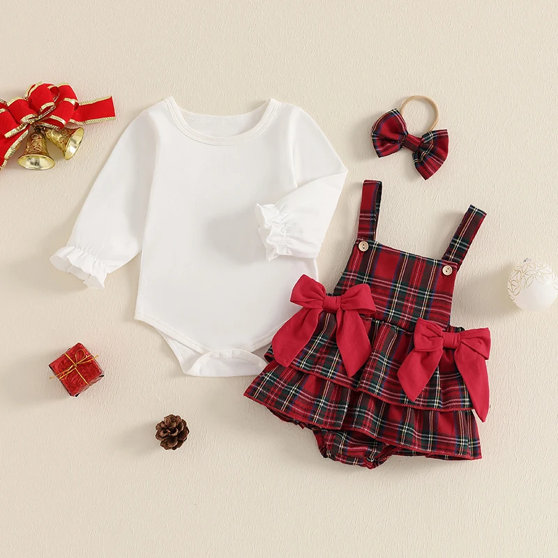 Toddler Girls 3 Piece Christmas Clothing Set with Long Sleeve Top Suspender Romper Dress and Matching Headband - Festive