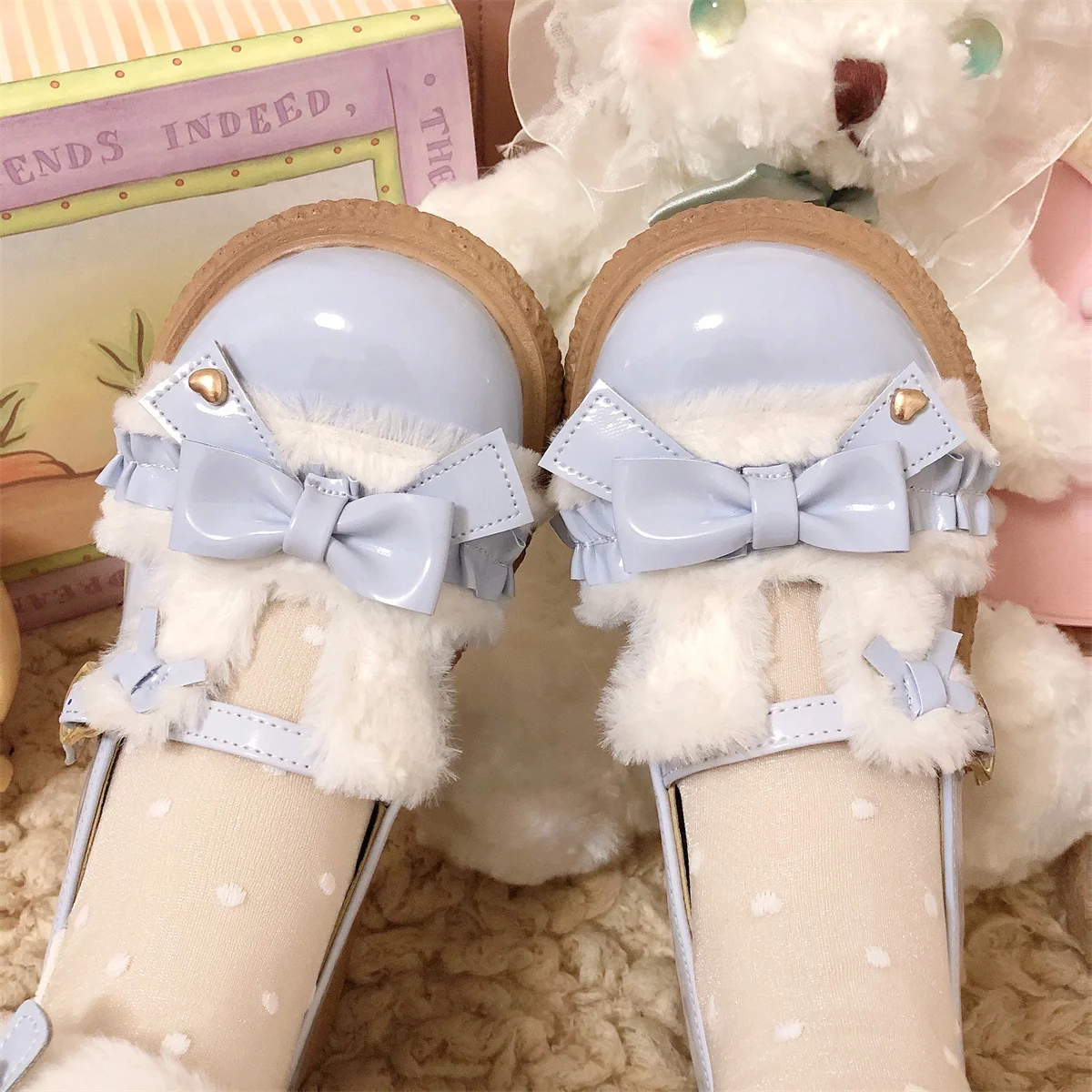 Scarpe carine in stile giapponese Lolita Cosplay Victoria Sweet Girls Kawaii Loli Round Head Bow peluche orecchie da coniglio tenere in caldo scarpe