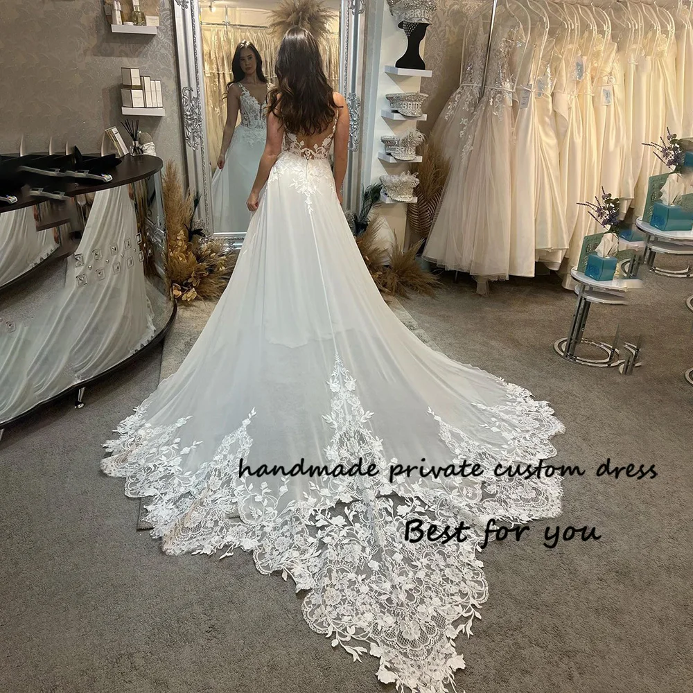 

White Beach Wedding Dresses V Neck Lace Appliques Chiffon A Line Bridal Gowns with Train Backless Boho Wedding Dress 2024