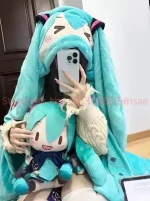 160X90CM Anime Hatsune Miku Kawaii Figure nouvelle flanelle couverture à capuche doux chaud châle oreiller Vocaloid Cosplay couverture à capuche cadeau