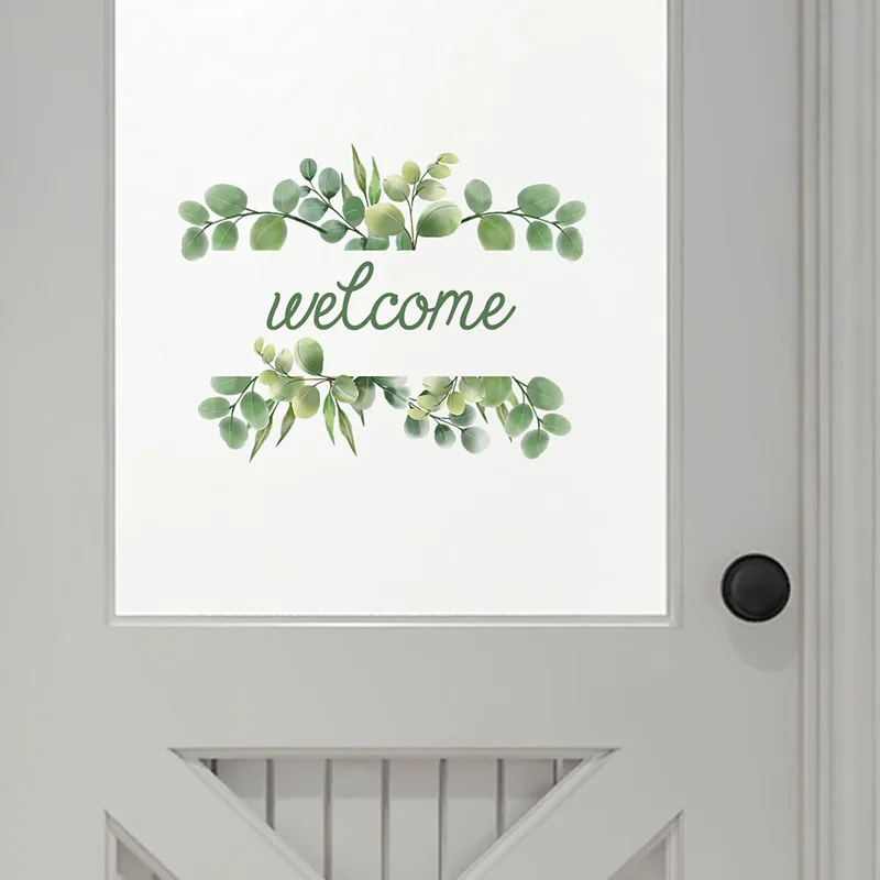 Welcome Door Sticker Green Leaf Decal Removable Welcome for Entryway Decor Letters Decorations for Home Shop Glass Simple Style