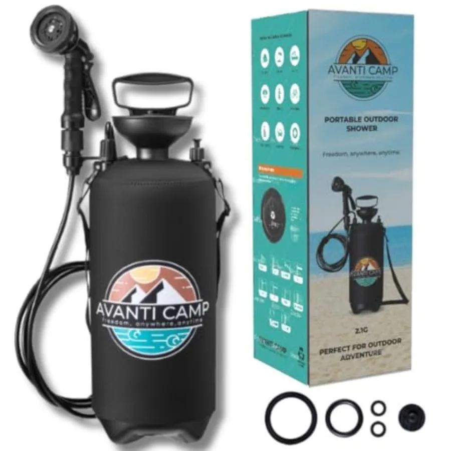 

Pressurized Camping Shower 8L/2.1 Gal Portable Beach Shower for Surfing, Camping and Van Life Outdoor Rinse Kit with Hand Pump