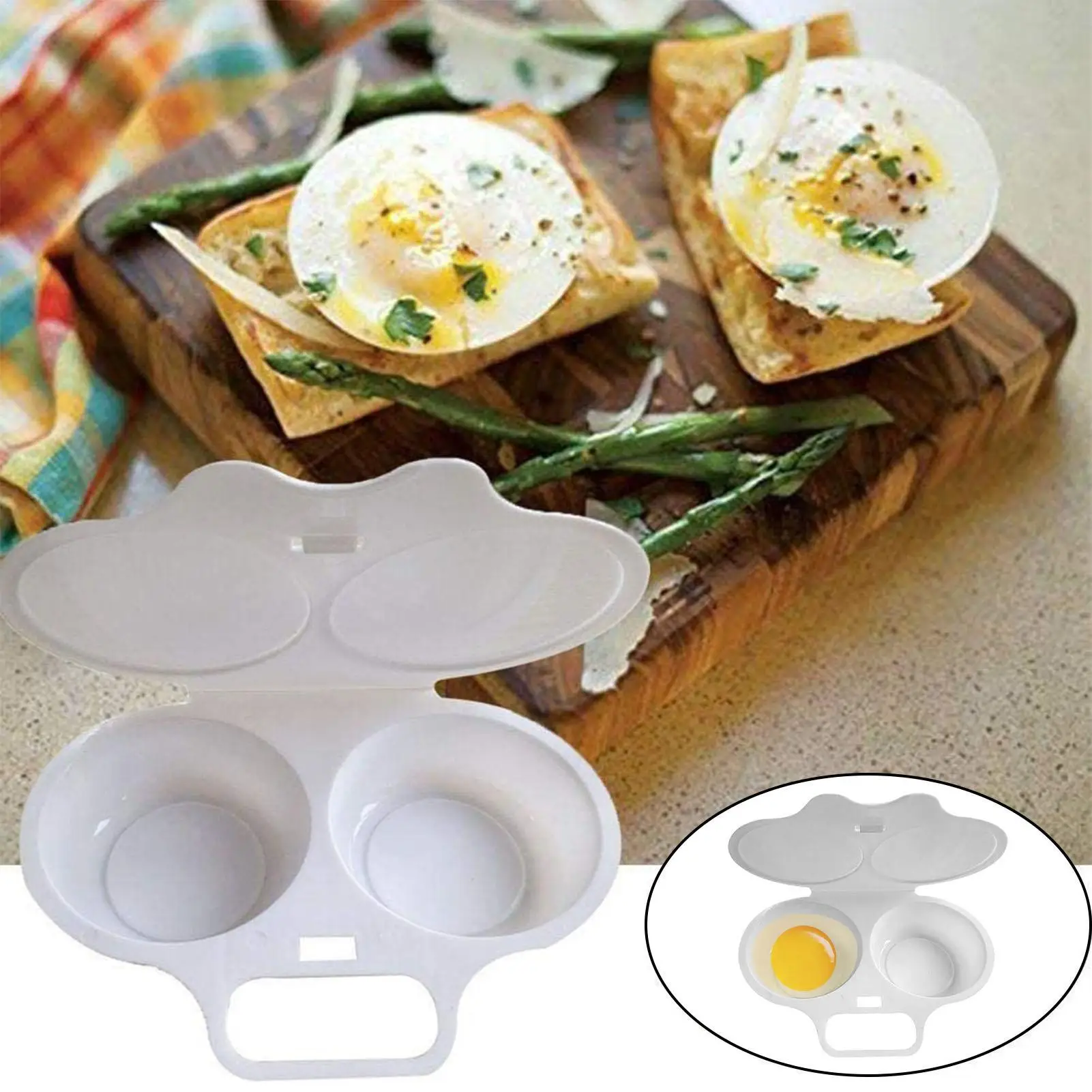1pc Microwave Cooking Egg Steamer Round Plastic Egg Steamer Reusable Convenient Kitchen Cooking Mold 2-cavity Design