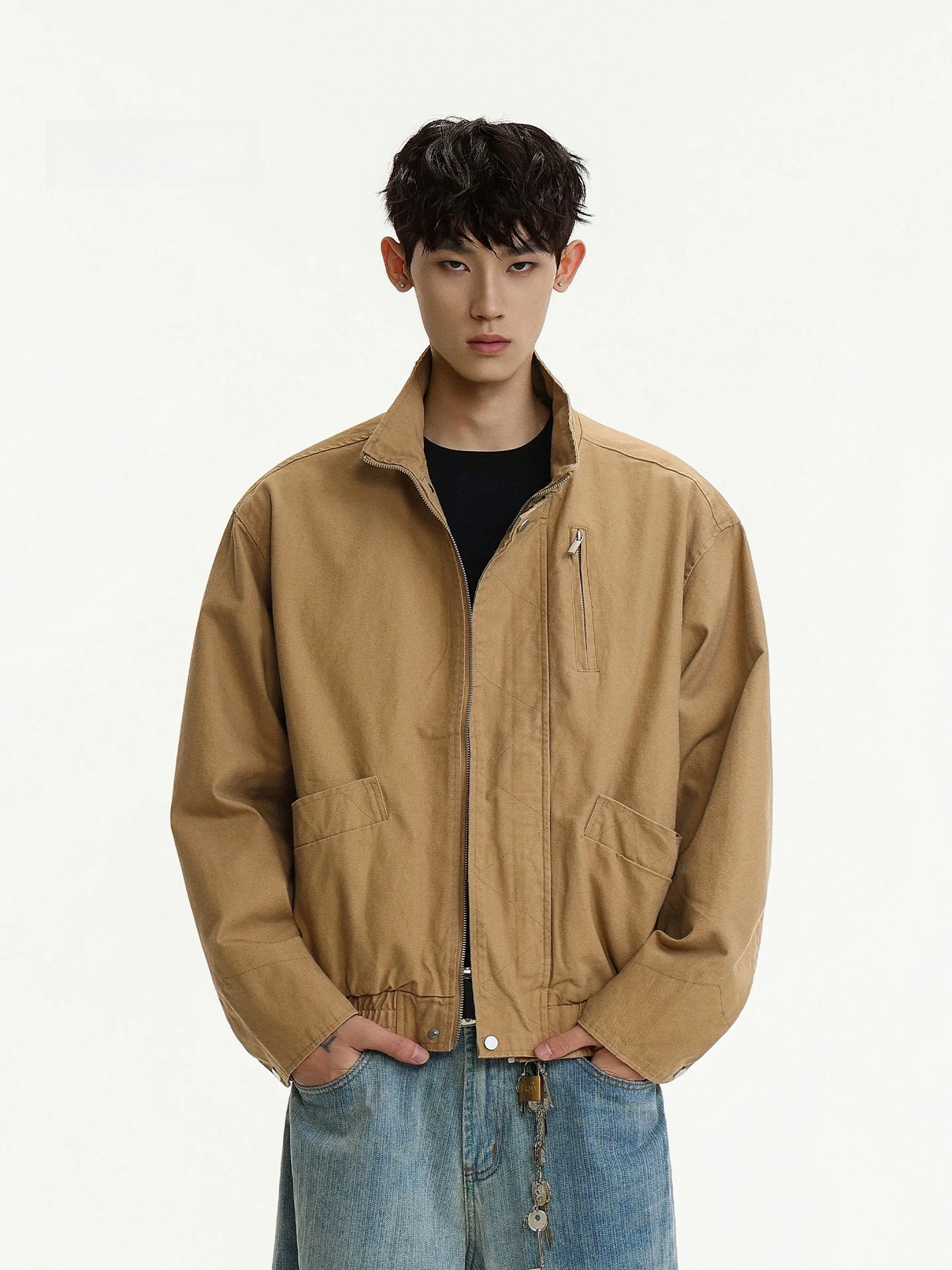 

American Retro Bomber Flight Jaet Men's High-End ort Boxy Barn Sle Stand Collar Trendy Cotton Canvas Autumn Outerwear
