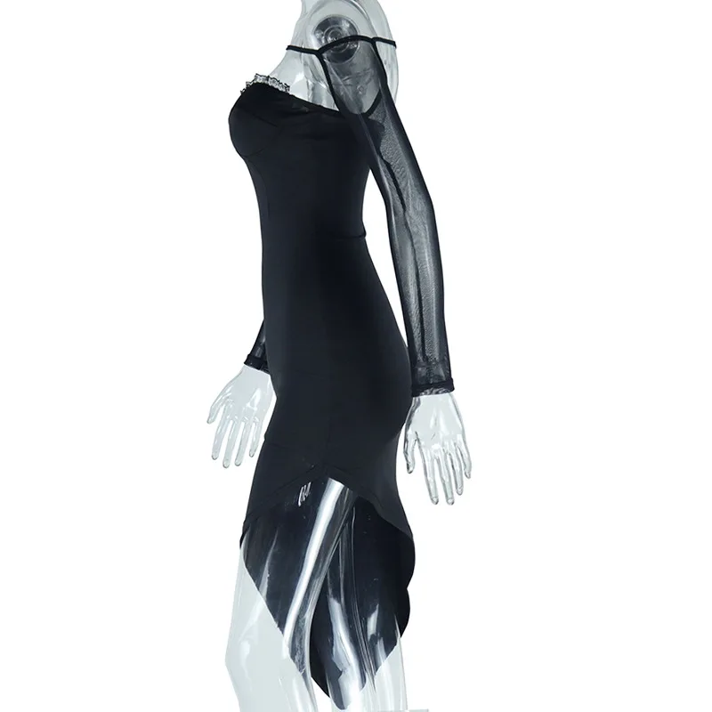 WeiYao-Vestido ajustado para mujer, empalme de malla, dobladillo asimétrico, vestido sexy de corte, traje negro de encaje, fiesta de boda elegante
