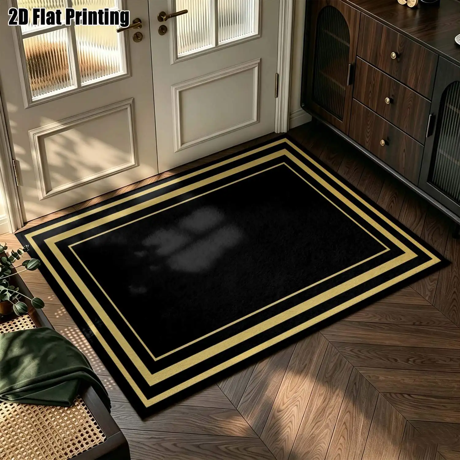 1Pc 2D Printed Carpet with Black and Gold Geometric Border Pattern Modern, Vintage European Geometric Striped Rug, Home Decor, Multi-Size, Machine Washable, Ideal for Entryway, Dining Room, Foyer, Bedroom, Living Room.