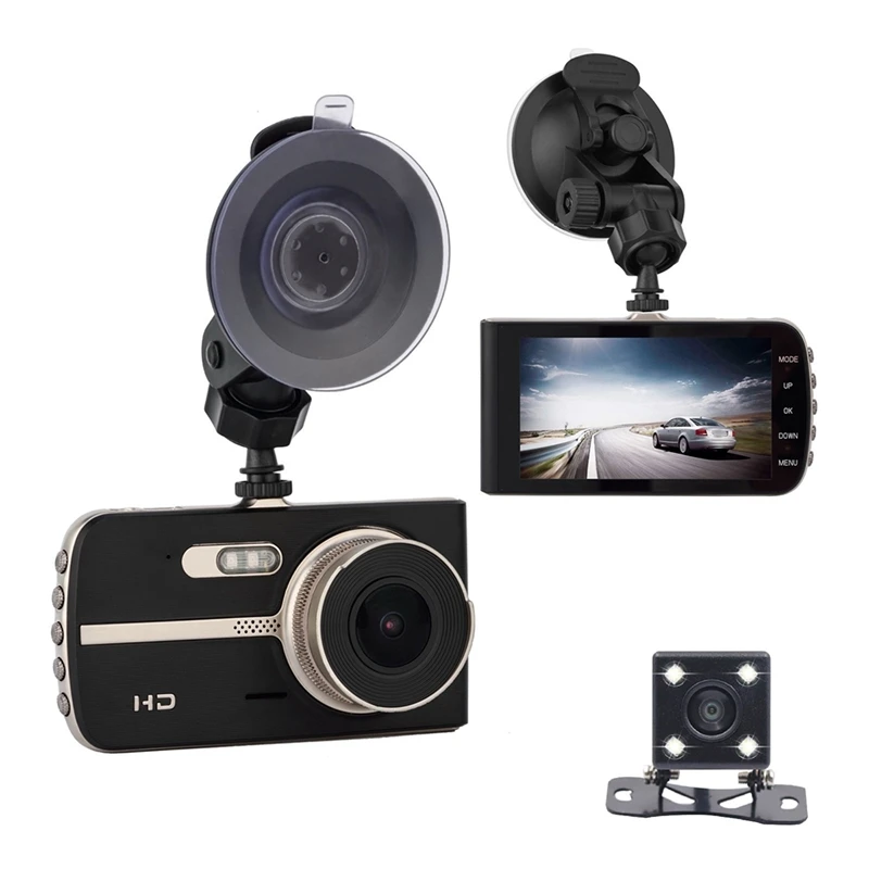 

1080P Dash Cam 4 inch Driving Recorder LCD Screen Dual Cameras HD Impact Sensing