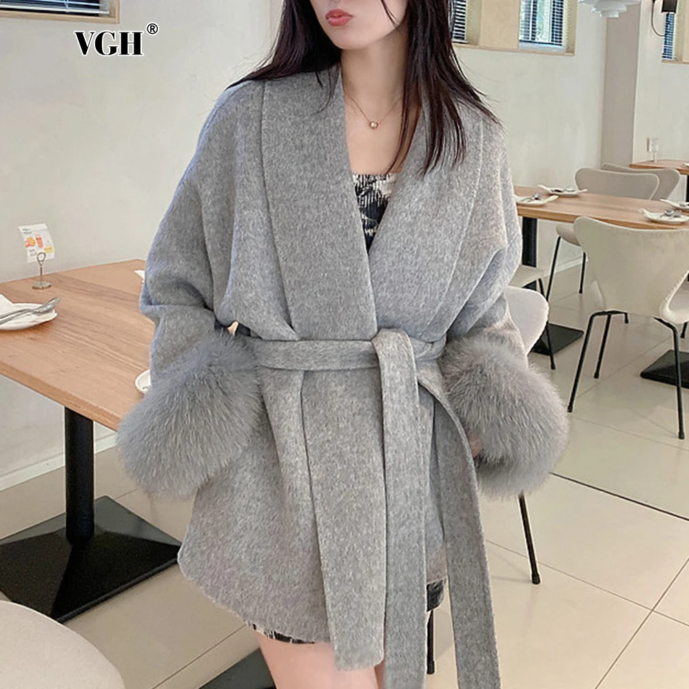 VGH Jaquetas de Temperamento Coreano para Mulheres Lapela Manga Longa Patchwork Pena Elegante Soild Casacos Casuais Roupas da Moda Feminina