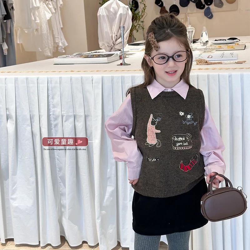 

2025 Autumn New Fashion Girl Baby Korean Version Cartoon Embroidered Sweater Vest Fashionable Warm Layered Knitted Vest